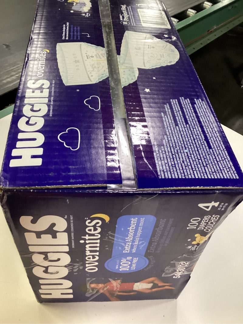 Condition photo showing New/Like New for huggies overnites nighttime baby diapers, size 4, 100ct white size 4