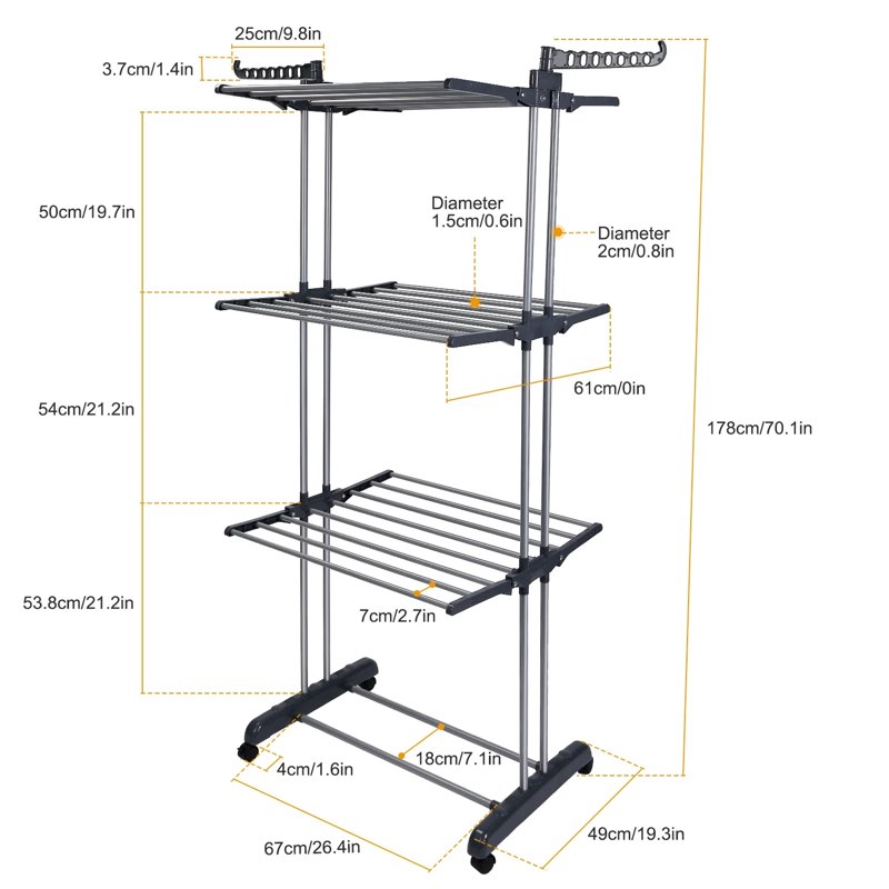 3-tier foldable clothes drying rack with wheels