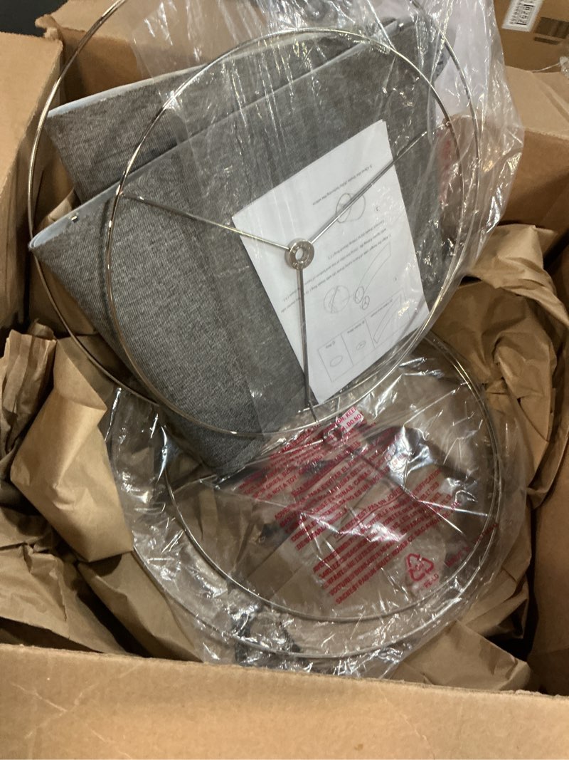 Condition photo showing Good Condition for Aspen Creative 38028-2, K/D Hardback Empire Transitional Collapsible Spider Shade, 13\" Top x 15\" Bottom x 10\" Slant, Dark Grey Linen With Black Trim, Set of 2