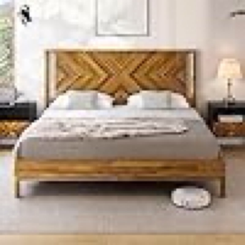 bme vivian 14 inch deluxe bed frame with headboard, rustic & scandinavian style with solid acacia wood, no box spring needed, 12 strong wood slat support, easy assembly, king, rustic golden brown