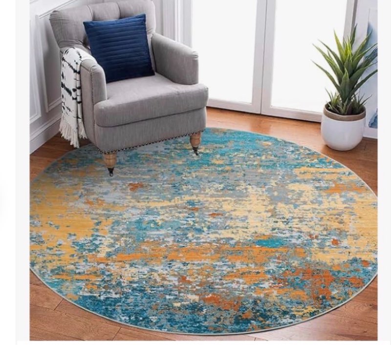 ROYHOME Modern Abstract 8x8 Round Area Rug Non Slip Non Shedding Rug Low Pile Stain Resistant for Be