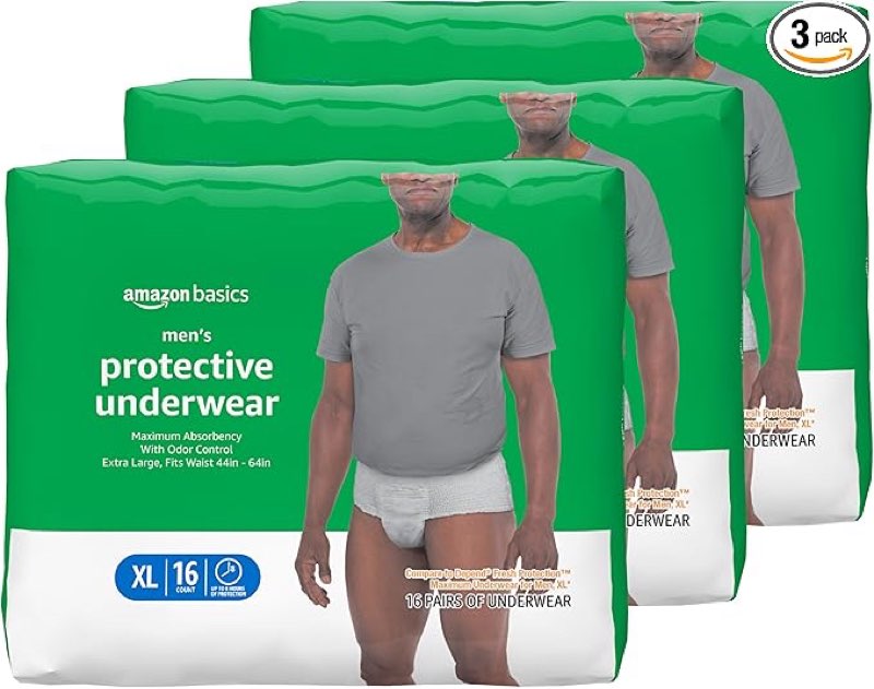 Amazon Basics Incontinence Underwear for Men, Maximum Absorbency, X-Large, 48 Count (3 Packs of 16)