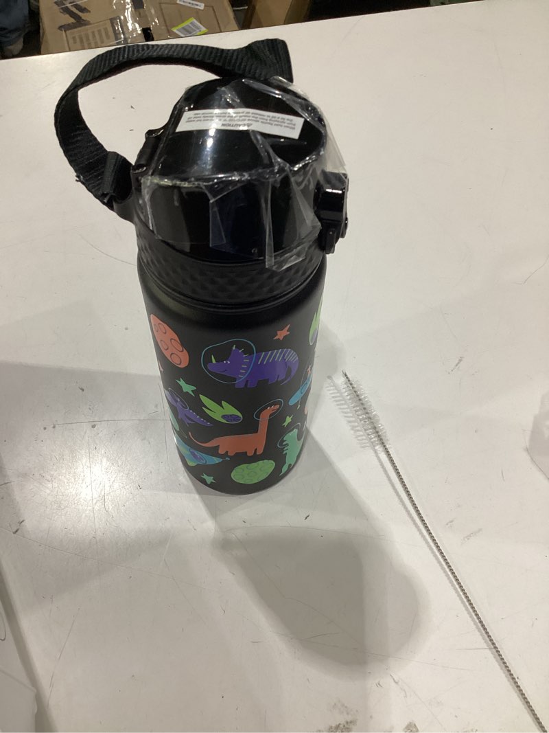 Condition photo showing New/Like New for goppus kids water bottle (straw lid) - 18 oz stainless steel travel bottle, double wall vacuum leak proof kids cup for school boys girls,space dinosaur 18 ounces a-space dinosaur