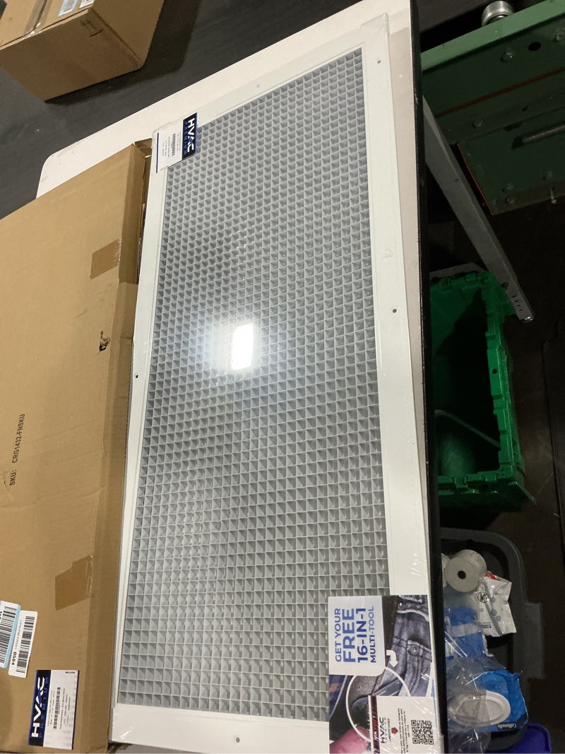Condition photo showing Good Condition for 14" x 32" or 32" x 14" cube core eggcrate return air grille - aluminum rust proof - hvac vent duct cover - white [outer dimensions: 15.75 x 33.75] 14 x 32