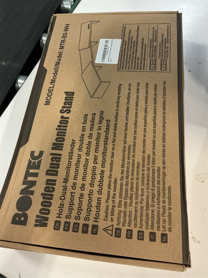 Condition photo showing New/Like New for bontec dual monitor stand riser with smartphone holder, adjustable length & swivel angle, ergonomic wooden desktop organizer for pc monitor, laptop, printer, large storage, white