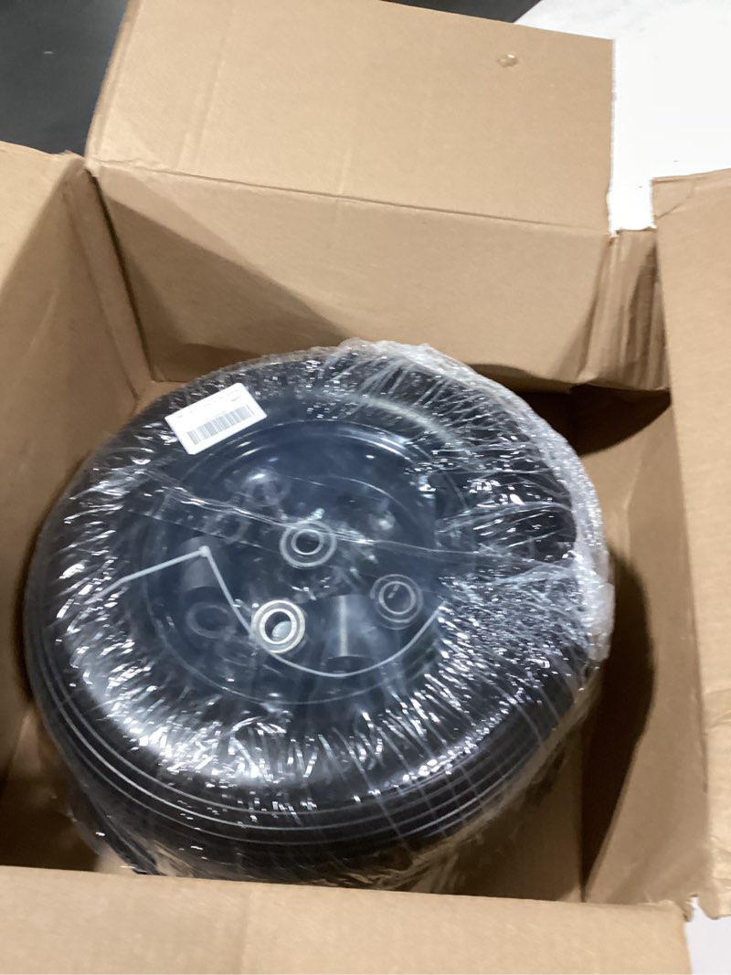 Condition photo showing New/Like New for (2-pack) 4.80/4.00-8" tire and wheel - universal fit 16" flat free solid wheelbarrow tires with 3" hub and 5/8" bearings – extra adapter kit includes 3/4" ball bearings, 1" and 1/2" nylon spacers 2 16" (flat free tire)