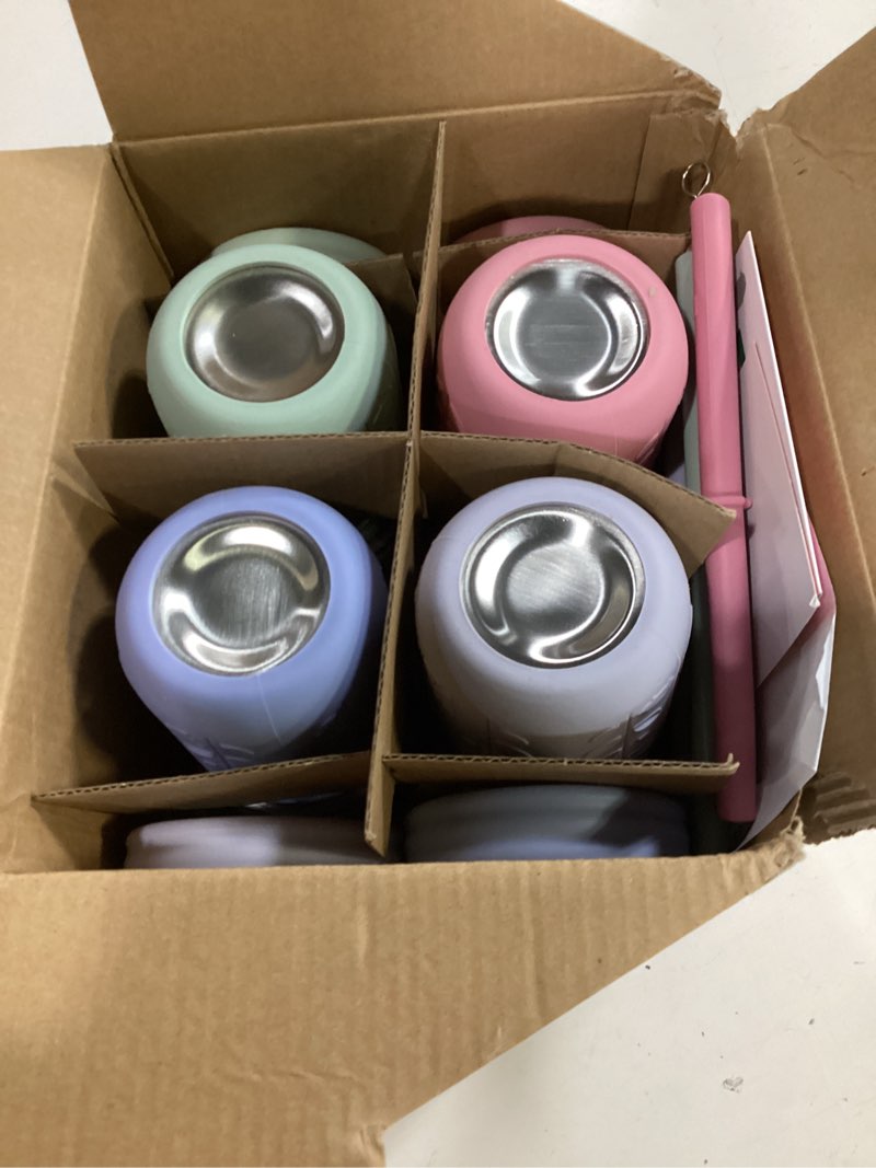 Condition photo showing New/Like New for elk and friends 10oz stainless steel kids + toddler drinking cups | the original mason jar with sleeves + lids | silicone straws | smoothies | storage jar | spill resistant | dishwasher safe | 4 pack sage/blush/misty blue/lilac 10oz