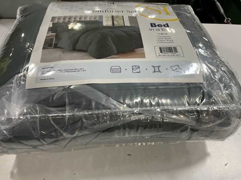 Condition photo showing New/Like New for sweet home collection 5 piece comforter set bag solid color all season soft down alternative blanket & luxurious microfiber bed sheets, gray, twin gray twin