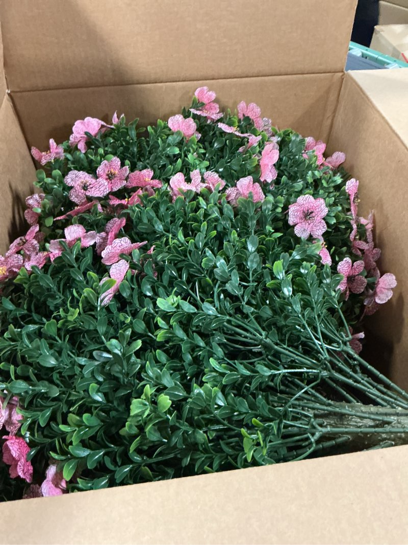 Condition photo showing Good Condition for 24" set of 2 fake boxwood ball topiary trees with artificial flowers for outdoor faux bushes, realistic uv resistance fake shrub plant with spike for front porch garden patio decor(pink)