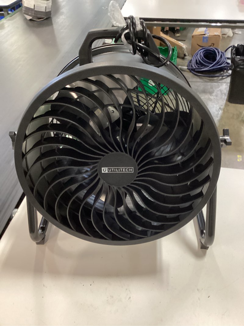 Condition photo showing As Is for utilitech 16-inch high-velocity indoor floor fan, featuring a black metal housing and a 360-degree tilt design.