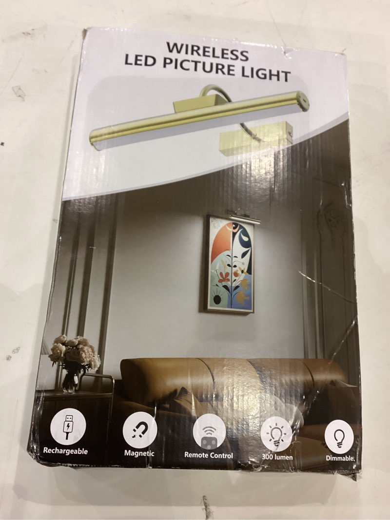 Condition photo showing New/Like New for Picture Light Battery Operated, 13in Wireless Art Light for Paintings, Dimmable 5000mAh Recharging Battery Picture Light with Remote Control for Wall, Gallery Dartboard Art Bedroom (Gold-2Pack) Gold-13inch 2Pack