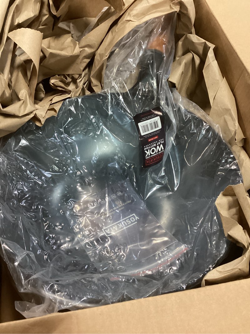 Condition photo showing New/Like New for YOSUKATA 13.5" Carbon Steel Wok Pan – Pre-Seasoned Flat Bottom Pow Wok for Stir Fry, BBQ, Grill & Camping – Traditional Japanese Chinese Cookware – Compatible with Induction, Electric, Gas, Open Fire