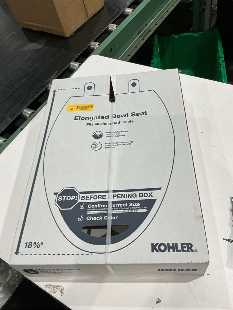Condition photo showing New/Like New for kohler drift tab plastic white elongated soft close toilet seat