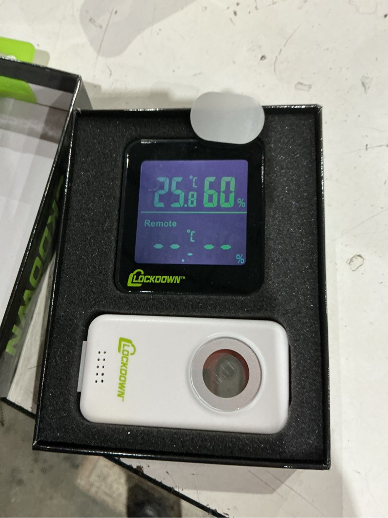 Condition photo showing As Is for lockdown digital hygrometer with convenient design, backlit screen and min/max reading for temp and humidity monitoring in safes, rooms, cases and cabinets wireless