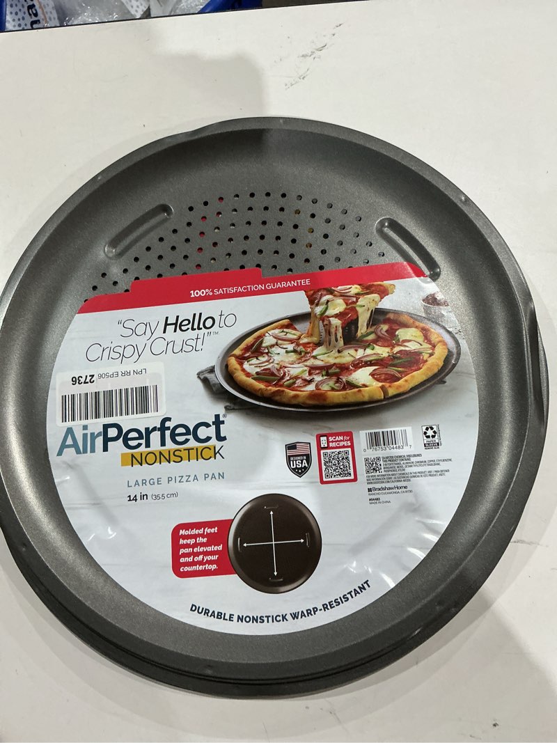 Condition photo showing As Is for goodcook airperfect 14 inch insulated nonstick carbon steel pizza pan with cutting guides, perforated, gray gray 14-inch