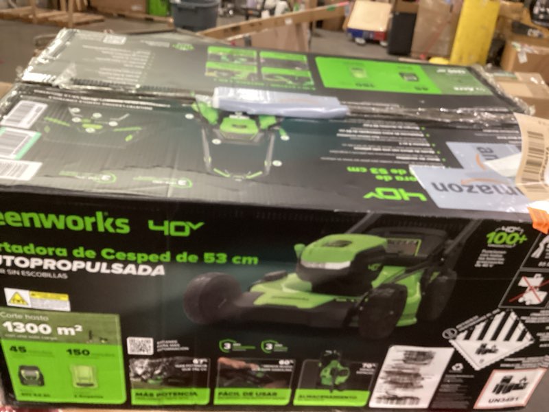 Condition photo showing As Is for greenworks 40v 21" self-propelled cordless lawn mower – brushless motor, 5.0ah battery & charger(75+ tool compatible) 21" self-propelled (5.0ah) + led lights