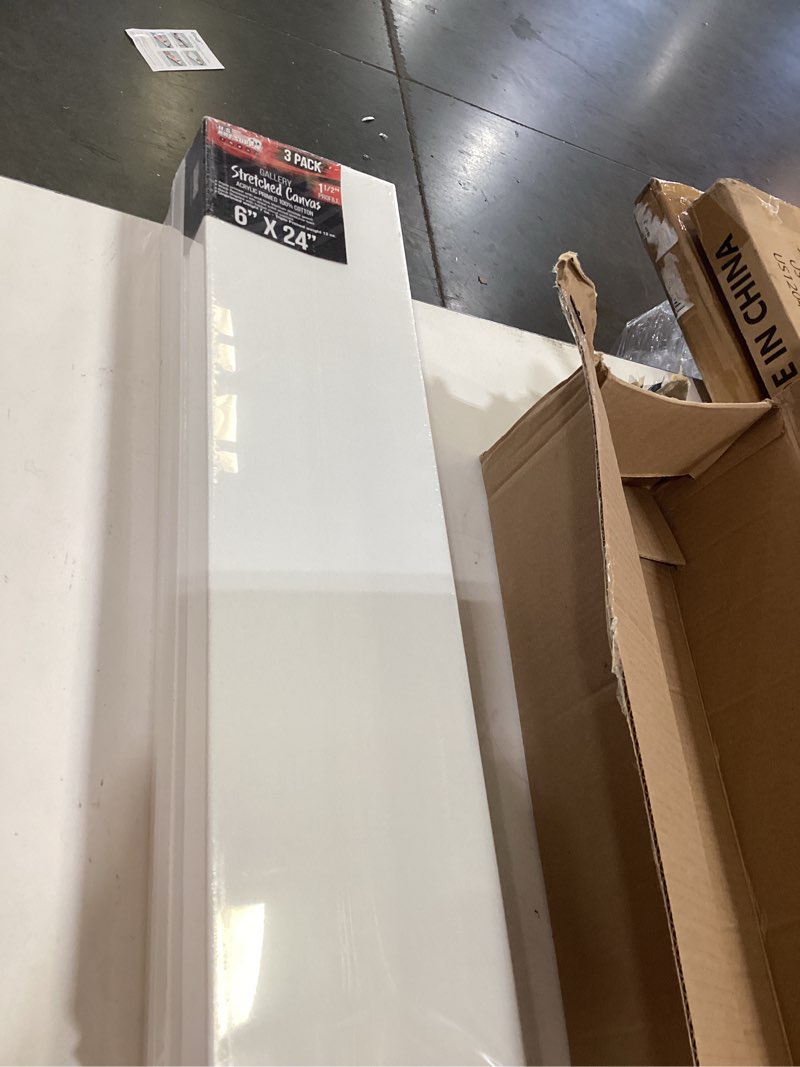 Condition photo showing As Is for long stretched canvas for painting 6x24 inch gallery depth 1-1/2" thick, 3-pack - 12oz acrylic gesso triple primed, professional artist quality, 100% cotton - pouring, oil paint
