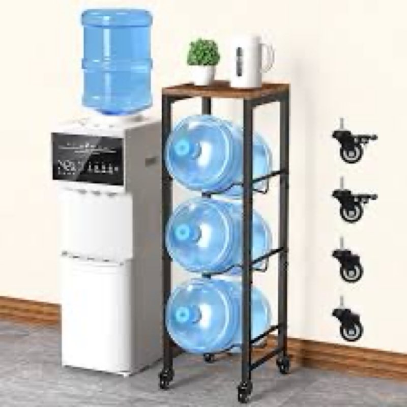 facka 3-Tier 5 Gallon Water Bottle Holder with Lockable Casters, Heavy Duty Water Jug Rack with Wood