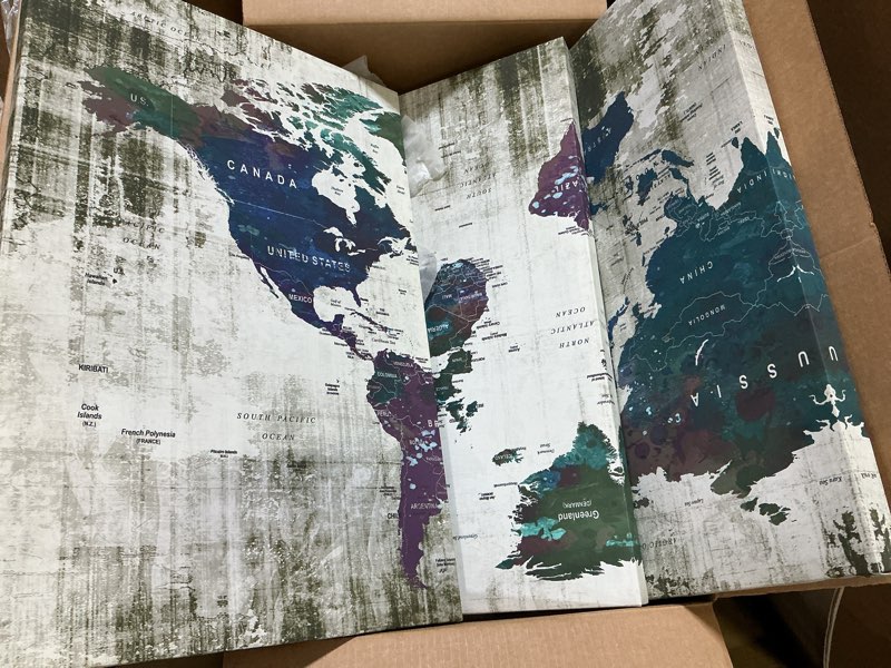 Condition photo showing Good Condition for boxcolors- large 30\"x 60\" 3 panels 30x20 ea art canvas print watercolor green blue purple old map world push pin travel wall home decor (framed 1.5\" depth) m1806