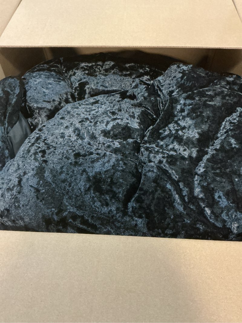 Condition photo showing Good Condition for Juicy Couture Crushed Velvet King Comforter and Sham Set, 3-Piece King Bedding Set - (1) 102"x90" Comforter and (2) 20"x36" Sham - Black Black Velvet King