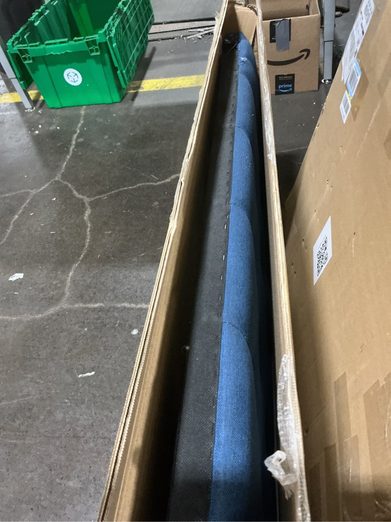 Condition photo showing As Is for lucid mid-rise upholstered headboard - diamond tufted - padded polyester - adjustable height from 34” to 46” - easy assembly - bed frame or wall mount - sturdy - cobalt - queen size cobalt queen diamond tufting