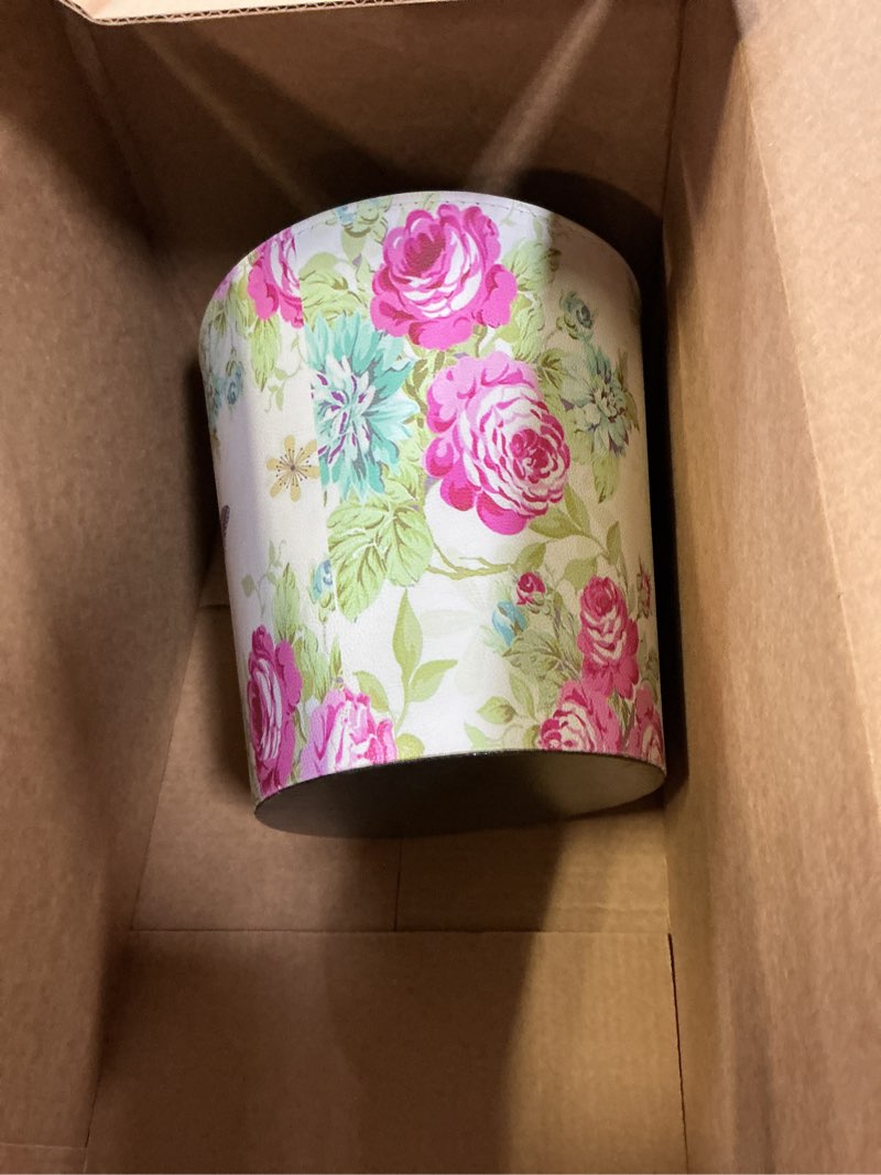 Condition photo showing Good Condition for Scakbyer Wastebasket, 10L/2.64 Gallon PU Leather Decorative Trash Can Waterproof Paper Basket Garbage Bin for Home Office Bathroom - Rose and Butterfly Butterfly - Rose