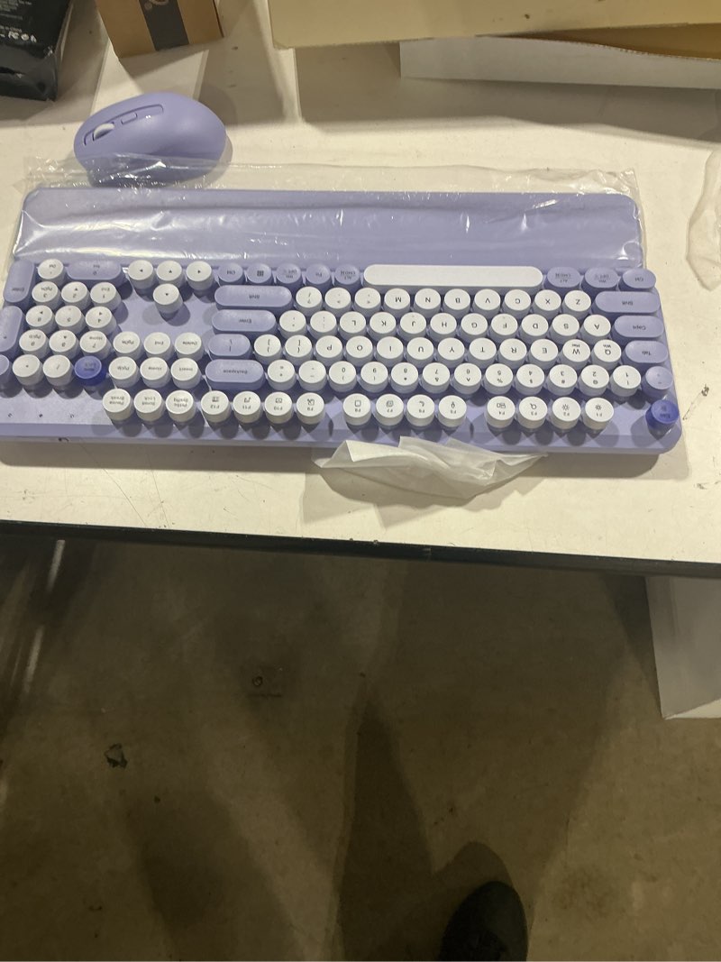 Condition photo showing Good Condition for wireless keyboard and mouse combo, full-size retro typewriter keyboard with round keycaps, detachable magnetic wrist rest, tilt legs, 2.4ghz cordless for mac, windows pc, laptop, sablute ck23, purple forgotten purple