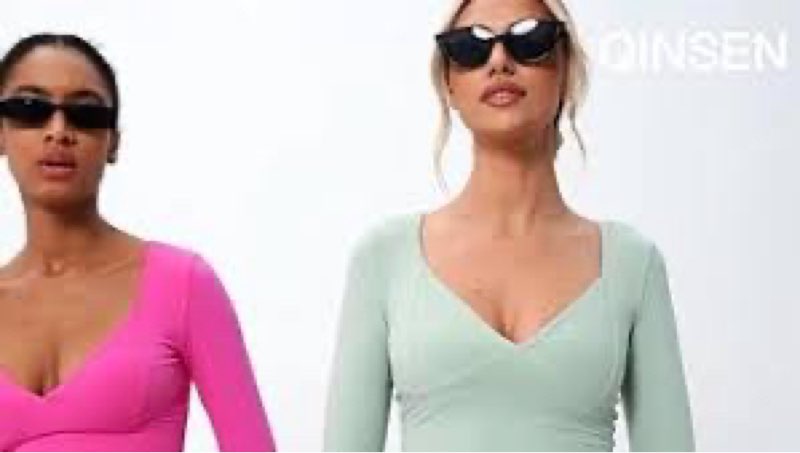 QINSEN Women's Long Sleeve Bodysuit Doubled Lined V Neck Body Suits Seamed Cup Going Out Tops Shirt 