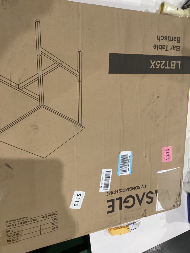 Condition photo showing As Is for VASAGLE Bar Table, Kitchen Dining Table, High Top Pub Table, Bar Height Cocktail Table for Living Room Party, Sturdy Metal, 23.6 x 23.6 x 36.2 Inches for Narrow Spaces, Rustic Brown and Ink Black Rustic Brown + Ink Black 23.6"D x 23.6"W x 36.2"H