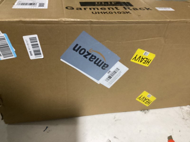 Condition photo showing As Is for ulif e4 clothes rack, heavy-duty garment rack, metal freestanding clothing organization storage system can be l-shaped with shelves and hangers, max load 962lbs, 71.6" w x 14.5" d x 79.3" h, gold