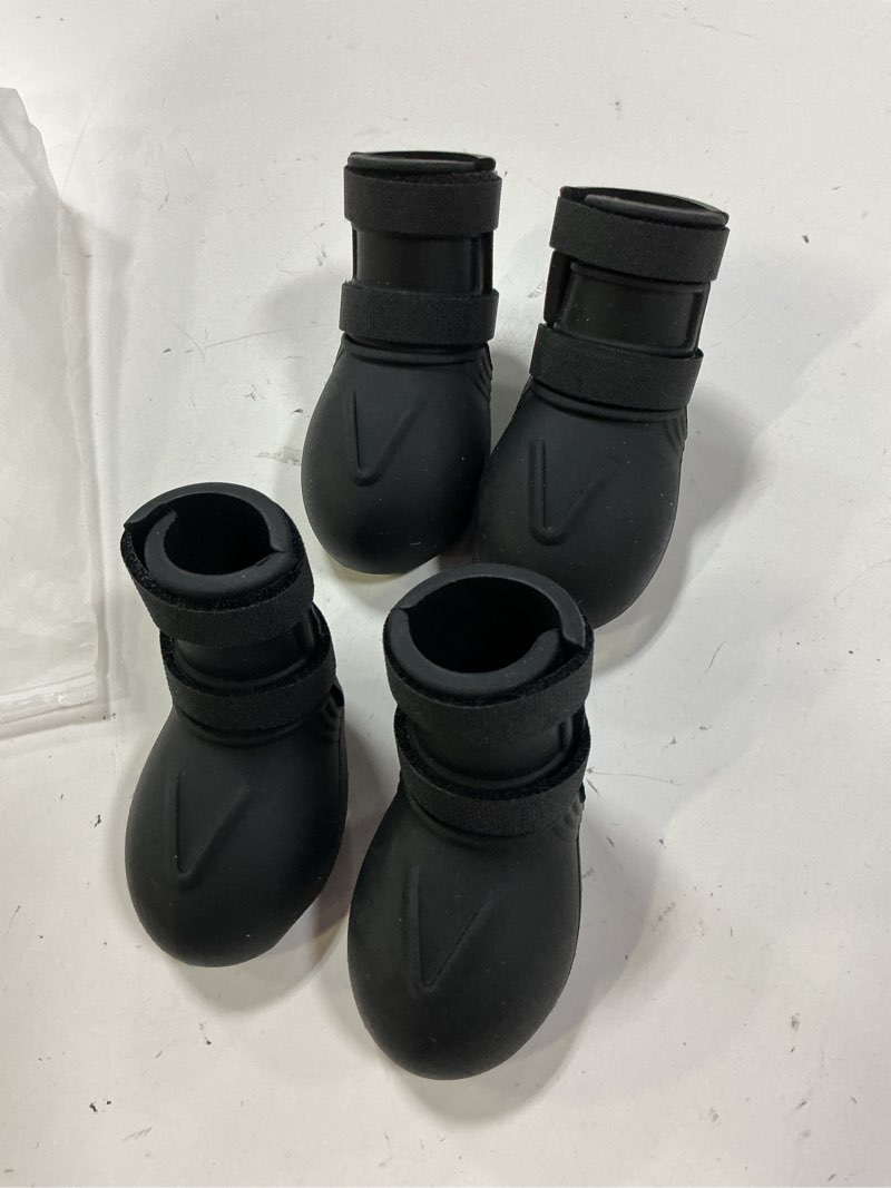 Condition photo showing Good Condition for 4 pcs all-weather boots for dogs – waterproof silicone paw protectors for summer heat, winter snow, hiking trails & beach, with easy-on wide cuff and dual security straps black xxl