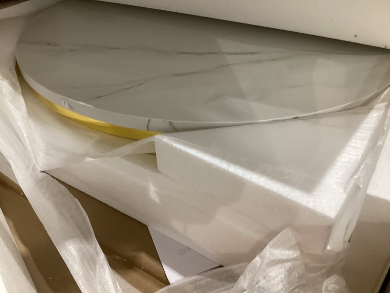Condition photo showing As Is for modern luxury fluted coffee table, 47.24" oval coffee table with storage, faux marble top, curved profile design,gold metal legs and handles, white