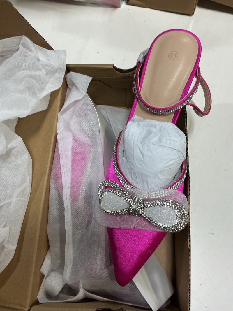 Condition photo showing New/Like New for vetaste women's double bow pointed toe ankle strap crystal pumps wedding bridal party stilettos backless satin heeled sandals 8.5 01-hot pink