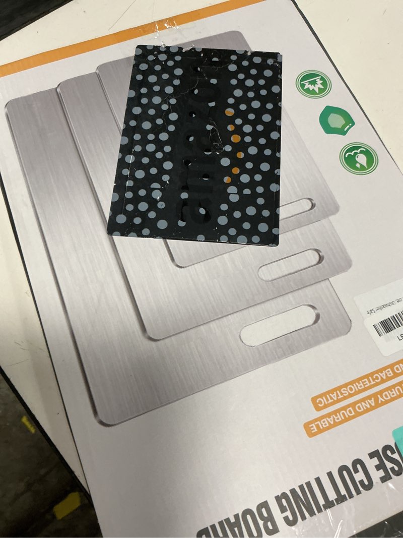 Condition photo showing New/Like New for titanium cutting boards set of 3, 100% pure titanium kitchen cutting board, double-sided non-toxic cutting board, ideal for slicing and dicing meats, features handle, dishwasher safe silver 16"l*10"w(s+m+l)