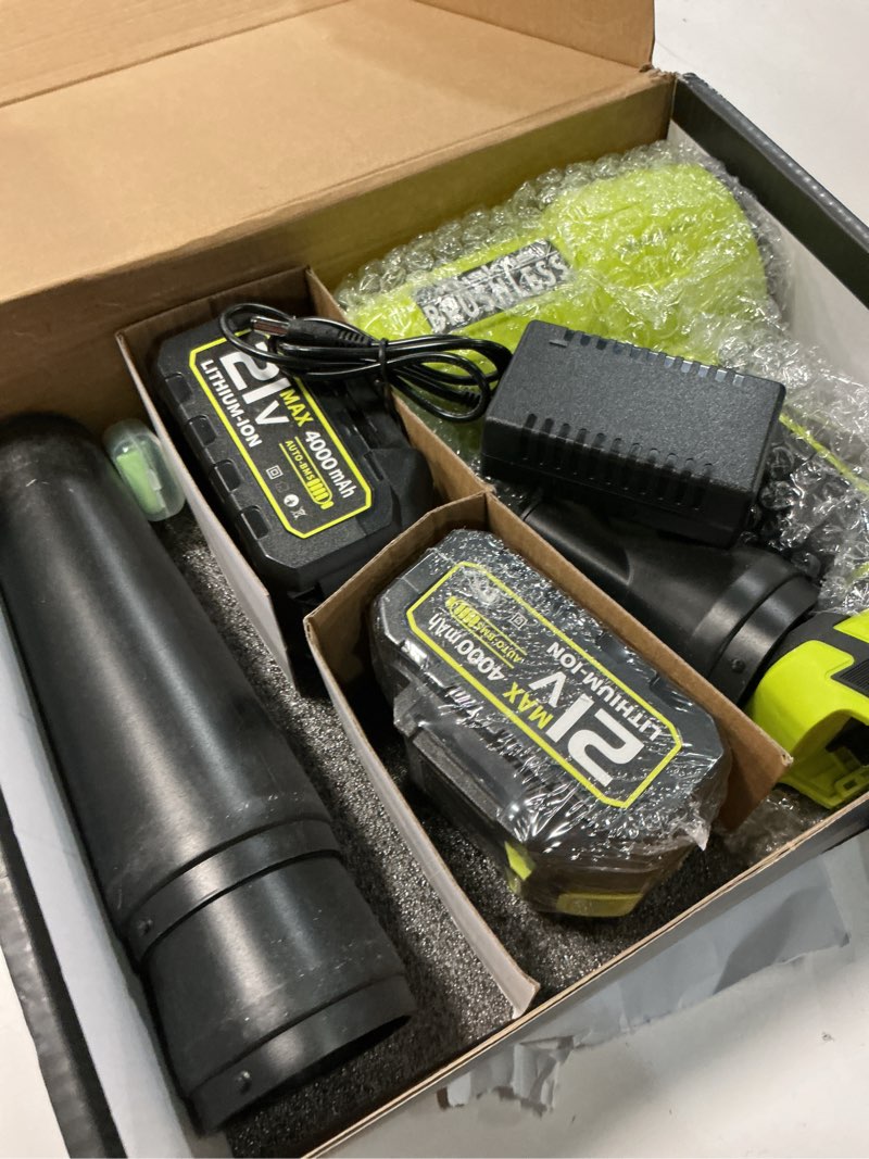 Condition photo showing As Is for Electric Leaf Blower Cordless,580000RPM Lightweight Handheld Leaf Blower with 2 x 4.0Ah Battery and Charger,Powerful Battery Blower with 3 Extended Nozzle for Lawn Care, Patio Cleaning and Dust