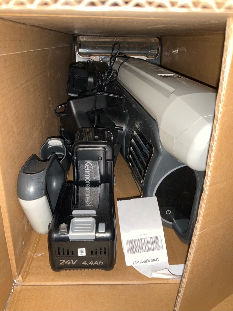 Condition photo showing As Is for kenmore cu7005 litening 24v cordless upright vacuum with lift-up & hair eliminator nozzle, brushless motor, up to 80 mins of runtime, hepa filter & led display for carpets, hard floor & pets, white
