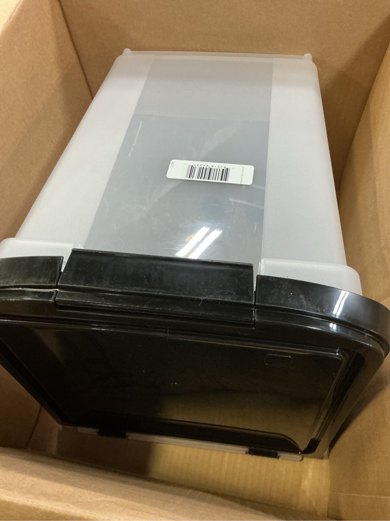 Condition photo showing As Is for iris usa airtight dog food storage container, weatherpro, up to 25 lbs, removable wheels, for dog cat bird and other pet food storage bin, keep fresh, translucent body, made in usa, clear/black 25 lbs black