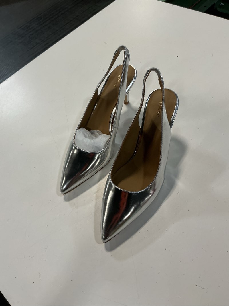 Condition photo showing Good Condition for italian leather slingback 75mm heel size 8.5 shiny silver 