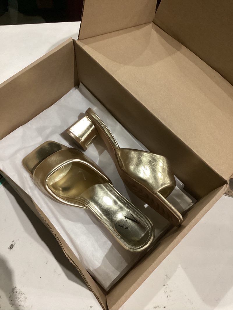 Condition photo showing As Is for MIRAAZZURRA Heel Mules for Woman Square Open Toe Chunky Block Short Low Heel Slip on Heeled Sandals Casual Comfort Party Shoes 9 Gold