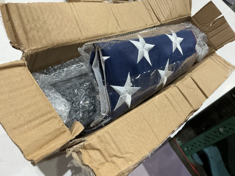 Condition photo showing As Is for american flag with pole - includes 5ft heavy duty flag pole holder for outside house,3x5 embroidered us flag and wall mount bracket,tangle free flagpoles kit for porch,garage,outdoor 5ft(with 3x5 flag) black