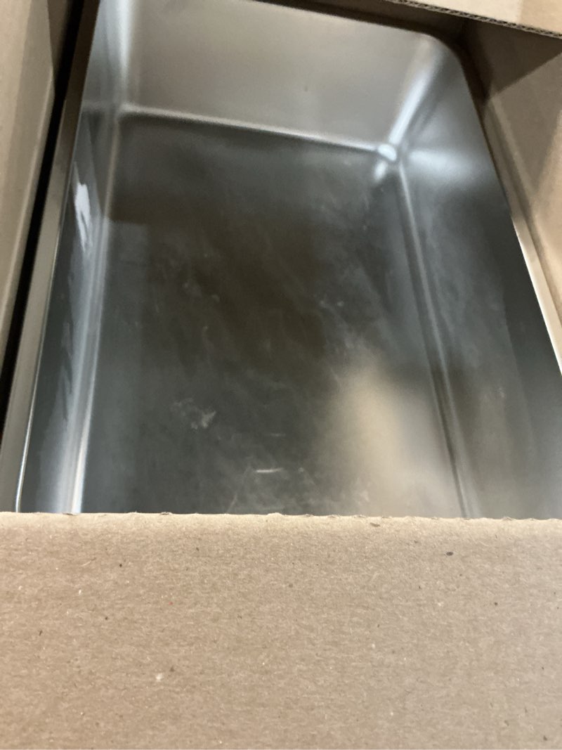 Condition photo showing As Is for x-large stainless steel litter box with high sided, metal cat litter box, odor-free non-stick litterbox pan, easy to clean pet supplies toilet tray for indoor cats, kittens or multicat homes 23.62"l x 15.75"w x 5.91"h
