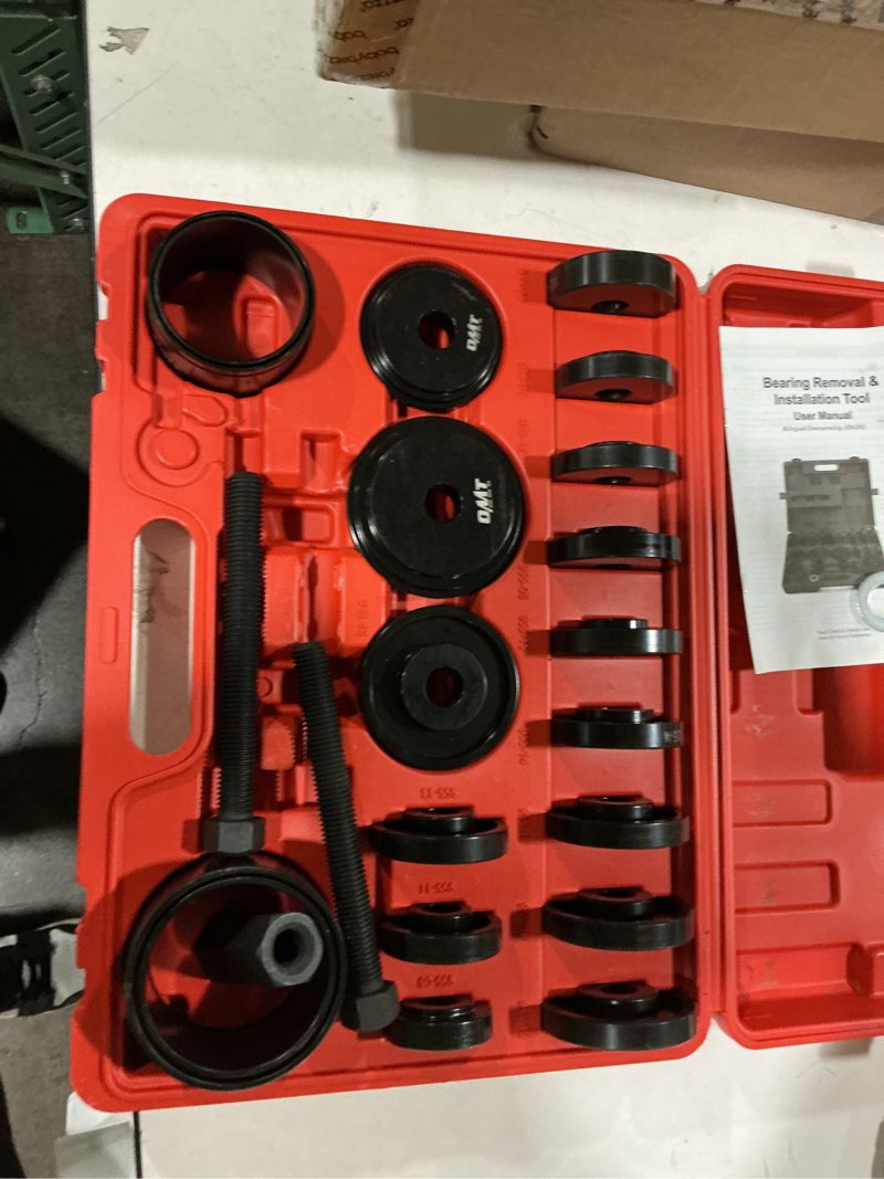 Condition photo showing Good Condition for orion motor tech wheel bearing press kit for front wheel drive bearing removal & installation, 24pc wheel bearing puller tool set with sliding screws universal bushings sleeves storage case red,black