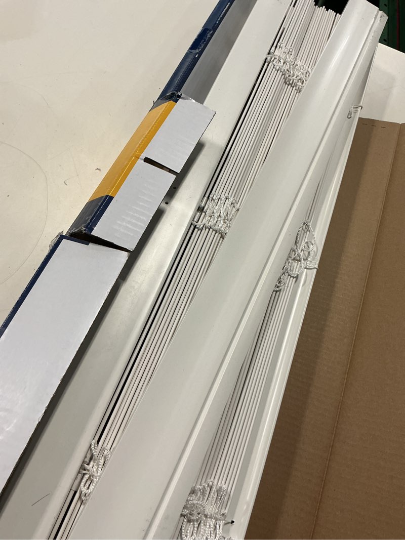Condition photo showing As Is for levolor trim+go 2-in slat width 31-in x 64-in cordless white faux wood room darkening horizontal blinds