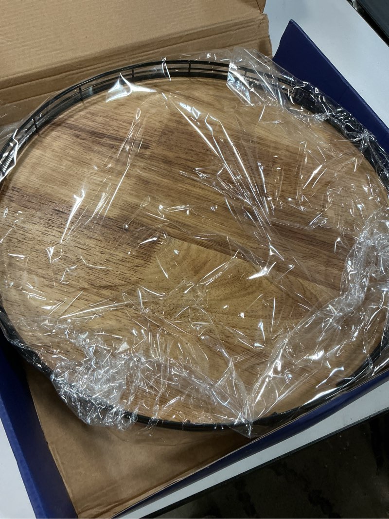 Condition photo showing As Is for 16" Lazy Susan Oak Wood Turntable Organizer for Cabinet, Farmhouse Round Wooden Large Lazy Susan Organization and Storage for Dining Table, Pantry, Kitchen, Bathroom, Countertop, Cupboard, Home Decor Brown & Black 16