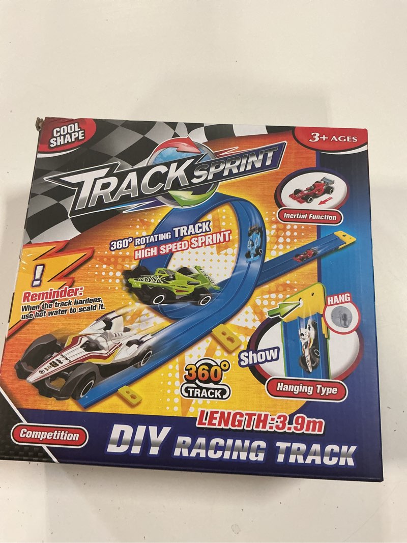 Condition photo showing New/Like New for 15 Ft Flexible Race Car Track, Portable Dual-Sided Race Car Track with 4 Cars & Suction Cups, Compatible with Hot Wheels & 1/64 Diecast Cars, Kids’ Car Ramp & Race Track (Blue L)