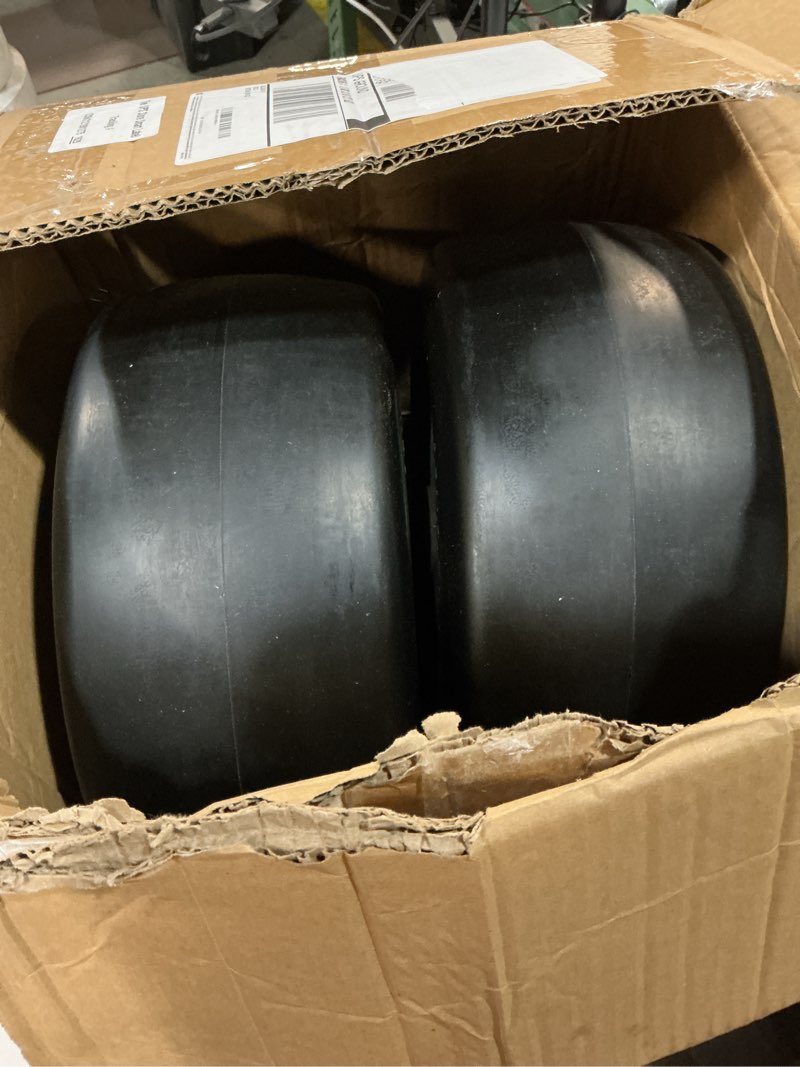 Condition photo showing Good Condition for 13x6.50-6 flat free lawn mower tires and wheels 3/4" 5/8" 1/2" ball bearings, 13x6.5x6 zero turn mower front tires, smooth tires for commercial grade lawn 5.5"-7.5" adjustable centered hub 13x6.50-6 - 2p ( flat free ) white