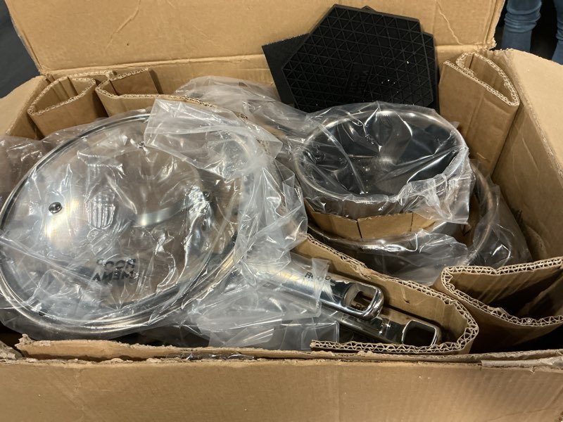 Condition photo showing New/Like New for (Incomplete, only 16 pieces) Pots and Pans Set Hybrid Stainless Steel, 17PC Nonstick Tri-Ply Cookware Set w/Frying pan, Dishwasher & Oven Safe, PFOA-Free, Metal Utensil Safe, Suitable for All Cooktops 17 PC