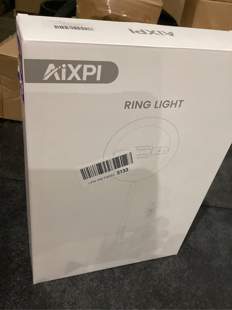 Condition photo showing New/Like New for 10" selfie ring light with stand, tall adjustable overhead phone mount with led light, phone holder with camera remote for tiktok, youtube, live streaming, video recording adjustable floor ring light