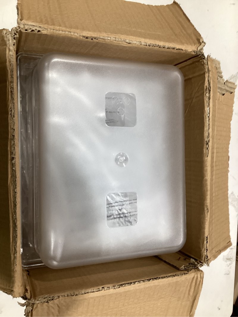 Condition photo showing As Is for curta 6 pack nsf food pans, half size 2 1/2 inch deep, commercial polycarbonate plastic clear freezer-safe
