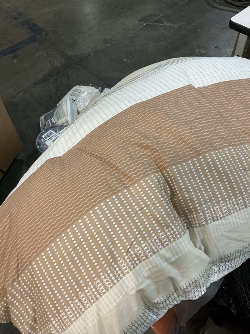 Condition photo showing As Is for litanika king comforter beige   lightweight taupe khaki white colorblock stripe fluffy bedding comforter sets, all season bed set